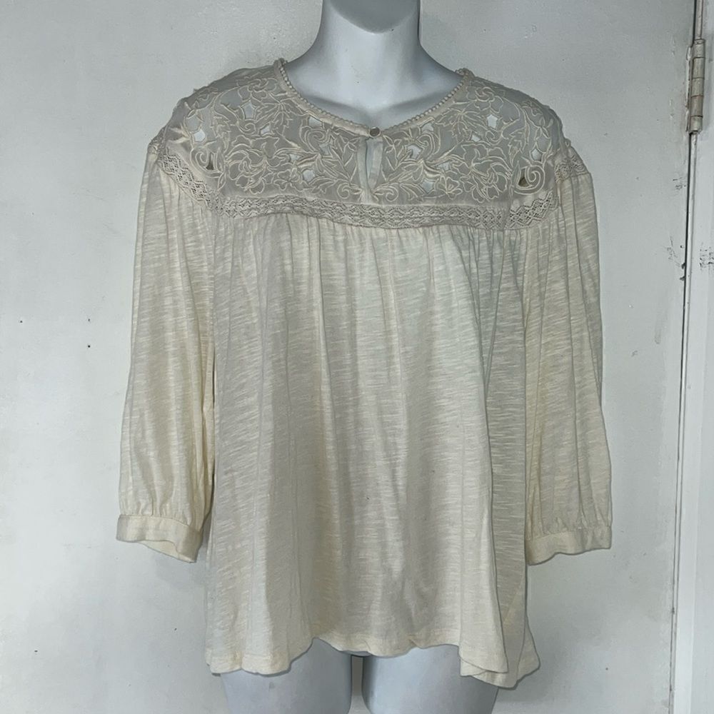 SUNDANCE Creme Tissue Tee Long Sleeve Lace Yolk Blouse-S